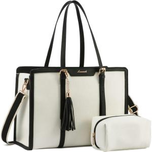 imageLOVEVOOK 156inch Canvas Laptop Tote with Clutch for Women  Lightweight Large Capacity for Work Travel SchoolBeige  Black