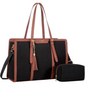 imageLOVEVOOK 156inch Canvas Laptop Tote with Clutch for Women  Lightweight Large Capacity for Work Travel SchoolBlackbrown