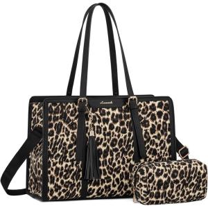 imageLOVEVOOK 156inch Canvas Laptop Tote with Clutch for Women  Lightweight Large Capacity for Work Travel SchoolLeopard Print