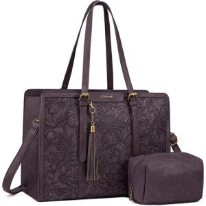 imageLOVEVOOK 156inch Canvas Laptop Tote with Clutch for Women  Lightweight Large Capacity for Work Travel SchoolLight Purple Embossedp