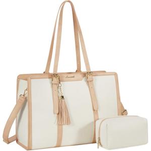 imageLOVEVOOK 156inch Canvas Laptop Tote with Clutch for Women  Lightweight Large Capacity for Work Travel SchoolPearl Whitebeige