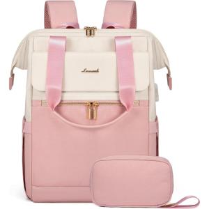 imageLOVEVOOK Laptop Backpack for Women 156 Inch Work Laptop Bag with USB Port Fashion Teacher Nurse Backpack Purse Waterproof Travel Computer Backpack with Organizer Bag 2PCS BeigeKhakiBeige  Pink