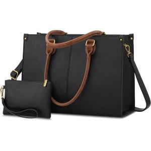 imageLOVEVOOK Laptop Tote Bag for Women 156 Inch Large Capacity Vintage Leather Work Computer Bag Business Casual Shoulder Handbag Dark BrownBlack  Brown