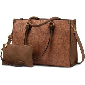 imageLOVEVOOK Laptop Tote Bag for Women 156 Inch Large Capacity Vintage Leather Work Computer Bag Business Casual Shoulder Handbag Dark BrownBrown Embossed