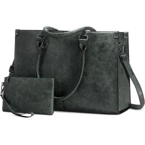 imageLOVEVOOK Laptop Tote Bag for Women 156 Inch Large Capacity Vintage Leather Work Computer Bag Business Casual Shoulder Handbag Dark BrownDark Green
