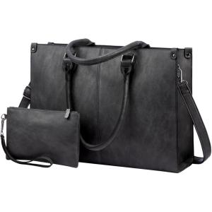 imageLOVEVOOK Laptop Tote Bag for Women 156 Inch Large Capacity Vintage Leather Work Computer Bag Business Casual Shoulder Handbag Dark BrownDark Grey