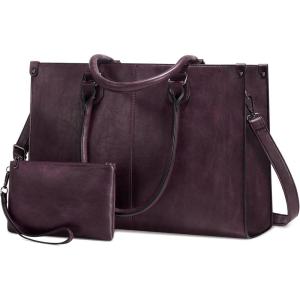 imageLOVEVOOK Laptop Tote Bag for Women 156 Inch Large Capacity Vintage Leather Work Computer Bag Business Casual Shoulder Handbag Dark BrownFuchsia