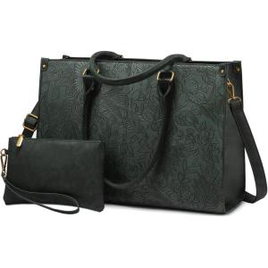 imageLOVEVOOK Laptop Tote Bag for Women 156 Inch Large Capacity Vintage Leather Work Computer Bag Business Casual Shoulder Handbag Dark BrownGreen Embossed