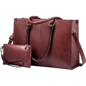 imageLOVEVOOK Laptop Tote Bag for Women 156 Inch Large Capacity Vintage Leather Work Computer Bag Business Casual Shoulder Handbag Dark BrownWine Red