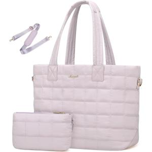 imageLOVEVOOK Tote Bag for Women Large Puffer Tote Bag with Zipper Quilted Light Work BagLight Purple