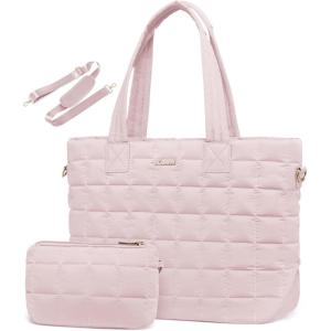 imageLOVEVOOK Tote Bag for Women Large Puffer Tote Bag with Zipper Quilted Light Work BagPink