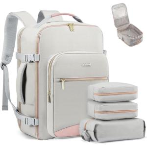 imageLOVEVOOK Travel Backpack for Women ampamp Men 40LAirline Approved Carry On Backpack Travel EssentialsTSA Carry on LuggageWaterproof Personal Item Travel BagSuitcase with 3 Packing CubesLight grayPinkAlight Graypink