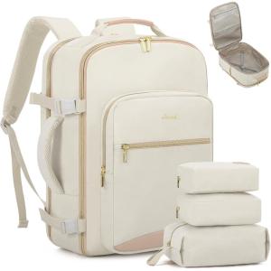 imageLOVEVOOK Travel Backpack for Women ampamp Men 40LAirline Approved Carry On Backpack Travel EssentialsTSA Carry on LuggageWaterproof Personal Item Travel BagSuitcase with 3 Packing CubesLight grayPinkBeigeflesh Beige