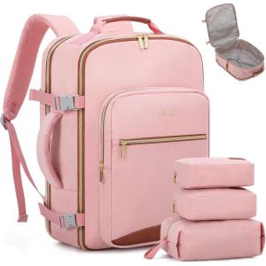 imageLOVEVOOK Travel Backpack for Women ampamp Men 40LAirline Approved Carry On Backpack Travel EssentialsTSA Carry on LuggageWaterproof Personal Item Travel BagSuitcase with 3 Packing CubesLight grayPinkPinkbrown