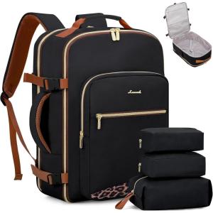 imageLOVEVOOK Travel Backpack for Women ampamp Men 40LAirline Approved Carry On Backpack Travel EssentialsTSA Carry on LuggageWaterproof Personal Item Travel BagSuitcase with 3 Packing CubesLight grayPinkBlackleopard Print