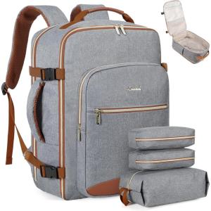imageLOVEVOOK Travel Backpack for Women ampamp Men 40LAirline Approved Carry On Backpack Travel EssentialsTSA Carry on LuggageWaterproof Personal Item Travel BagSuitcase with 3 Packing CubesLight grayPinkGreybrown