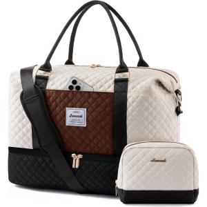 imageLOVEVOOK Travel Duffle BagWeekender Bags for Women with Shoe CompartmentCarry on Overnight Bag with Toiletry BagGym Duffel Bag with Wet Pocket Hospital Bags for Labor and DeliveryBlackwhitebrowna