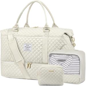 imageLOVEVOOK Travel Duffle BagWeekender Bags for Women with Shoe CompartmentCarry on Overnight Bag with Toiletry BagGym Duffel Bag with Wet Pocket Hospital Bags for Labor and DeliveryBeigea3pc