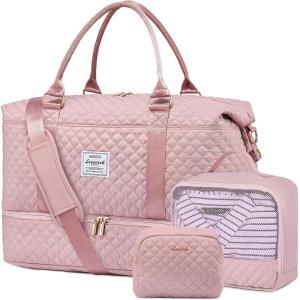 imageLOVEVOOK Travel Duffle BagWeekender Bags for Women with Shoe CompartmentCarry on Overnight Bag with Toiletry BagGym Duffel Bag with Wet Pocket Hospital Bags for Labor and DeliveryPink