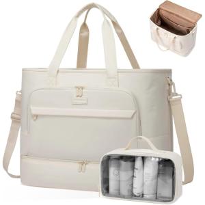 imageLOVEVOOK Weekender Bags for Women Travel Large Personal Item Travel Overnight Bag Carry on Duffle Bags with Shoe Compartment Toiletry Bag Wet Pocket for Airplane Hospital Labor DeliveryOff  White