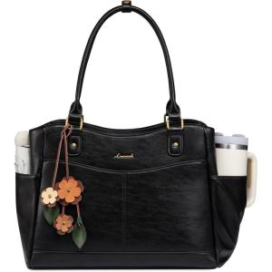 imageLOVEVOOK Laptop Bag for Women Leather Vintage Work Tote Bag Computer Office Teacher Bag with Large Cup HolderBlack