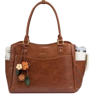 imageLOVEVOOK Laptop Bag for Women Leather Vintage Work Tote Bag Computer Office Teacher Bag with Large Cup HolderBrown
