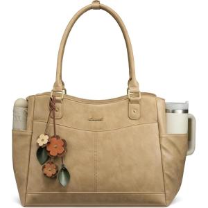 imageLOVEVOOK Laptop Bag for Women Leather Vintage Work Tote Bag Computer Office Teacher Bag with Large Cup HolderCamel