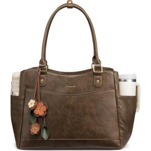 imageLOVEVOOK Laptop Bag for Women Leather Vintage Work Tote Bag Computer Office Teacher Bag with Large Cup HolderEarth Brown