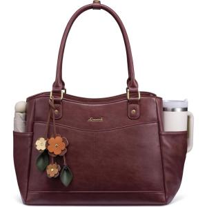 imageLOVEVOOK Laptop Bag for Women Leather Vintage Work Tote Bag Computer Office Teacher Bag with Large Cup HolderWine Red