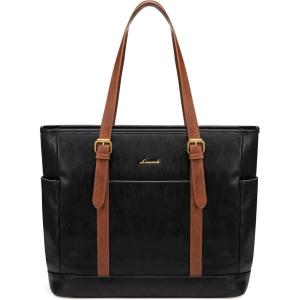 imageLOVEVOOK Laptop Tote Bag for Women With Large Cup Holder Leather Work Tote Bag for Women156 Inch Professional Computer Briefcase Business Teacher Commuter Shoulder BagOffice Travel GiftBlack With Brown